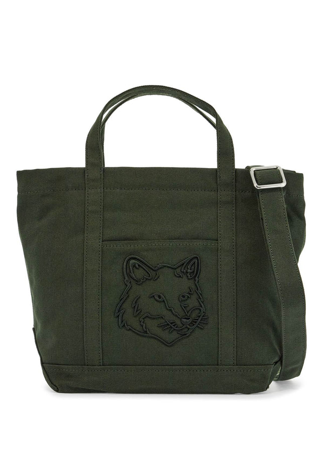 Maison Kitsune small tote bag in ranger green cotton with embroidered fox logo