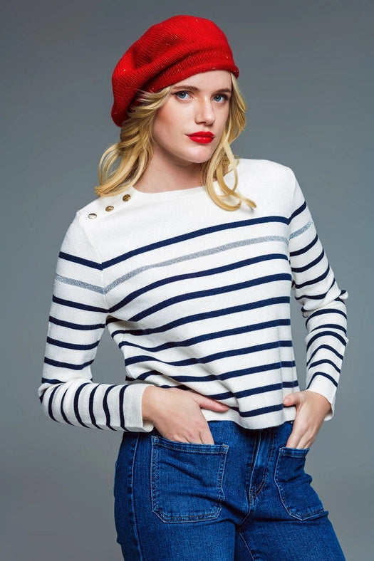 Marine Style Stripey Sweater with Button Detail At Shoulder