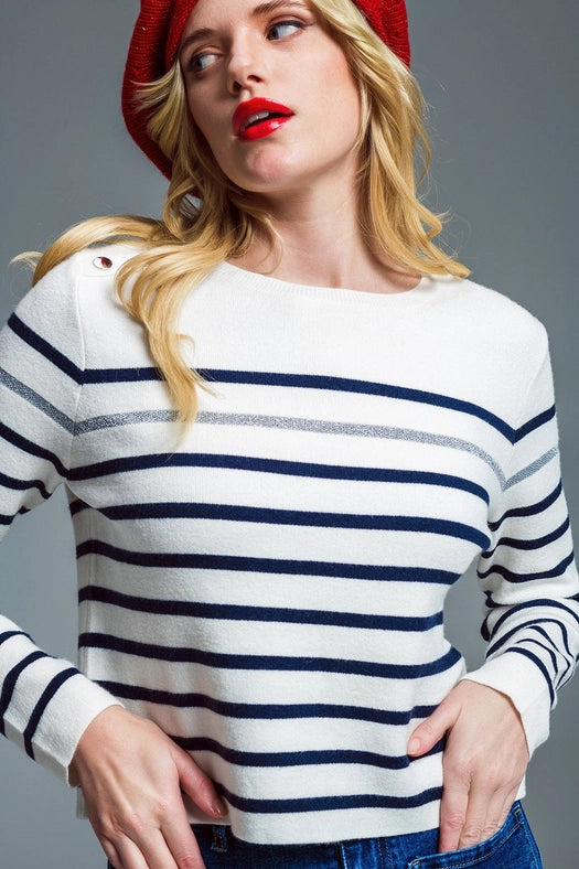 Marine Style Stripey Sweater with Button Detail At Shoulder