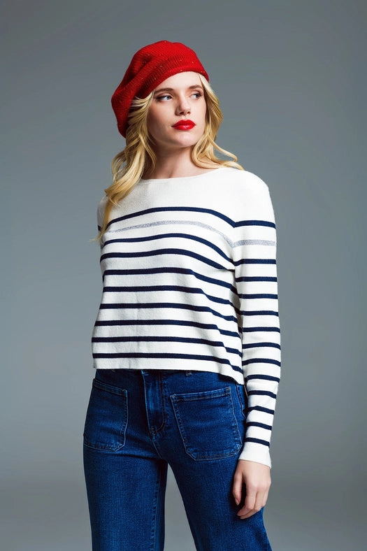 Marine Style Stripey Sweater with Button Detail At Shoulder