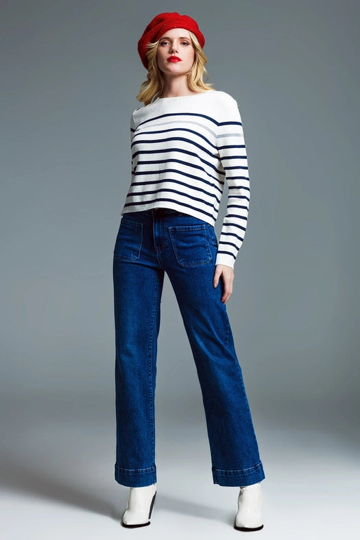 Marine Style Stripey Sweater with Button Detail At Shoulder