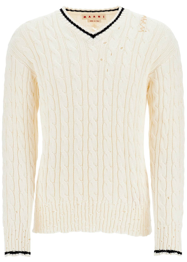 Marni white cotton sweater with cable knit v-neck