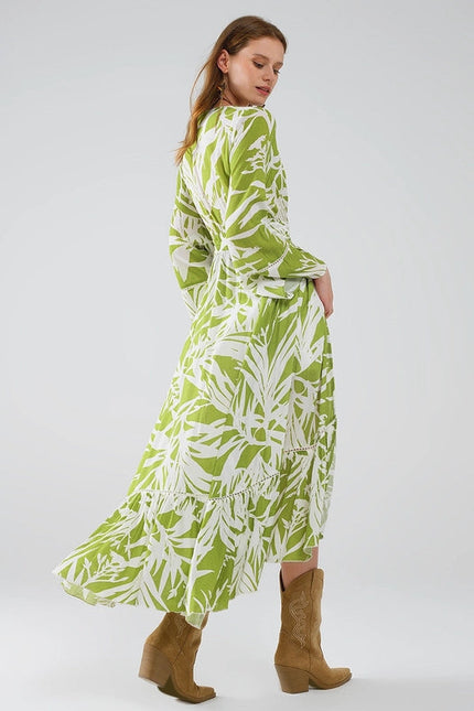 Maxi Green Kimono with Tropical Palm Print