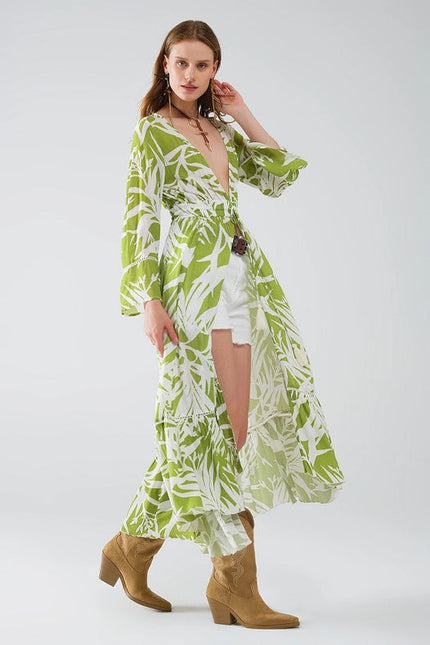 Maxi Green Kimono with Tropical Palm Print