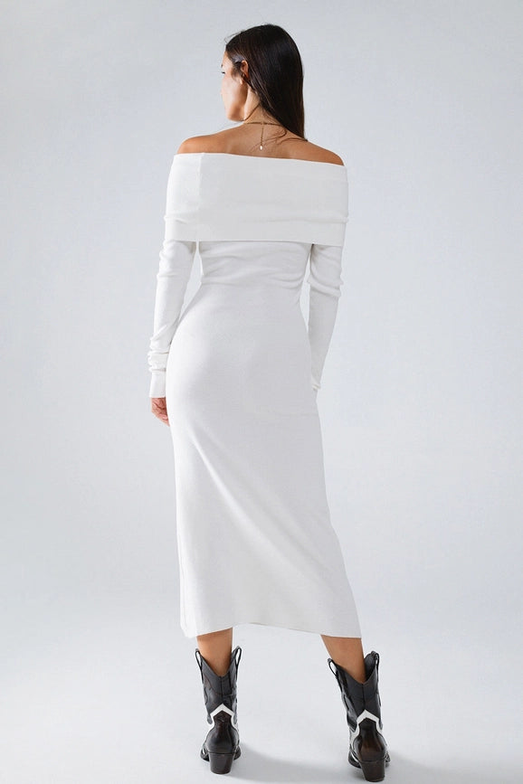 Maxi Knitted Foldover Badot Dress in White