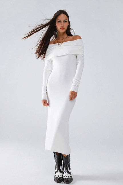 Maxi Knitted Foldover Badot Dress in White