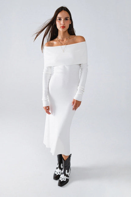 Maxi Knitted Foldover Badot Dress in White