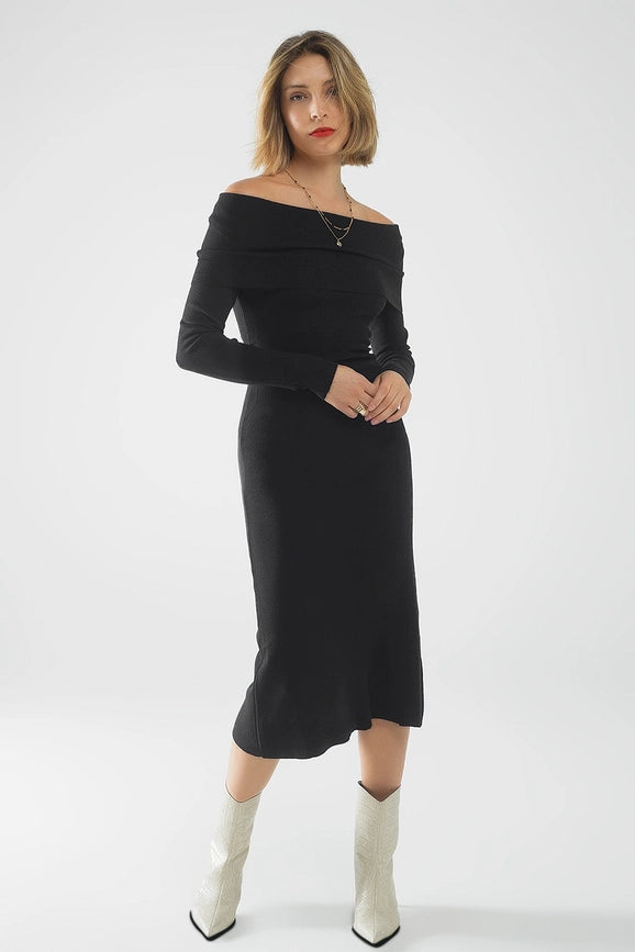 Maxi Knitted Wide Bardot Dress in Black