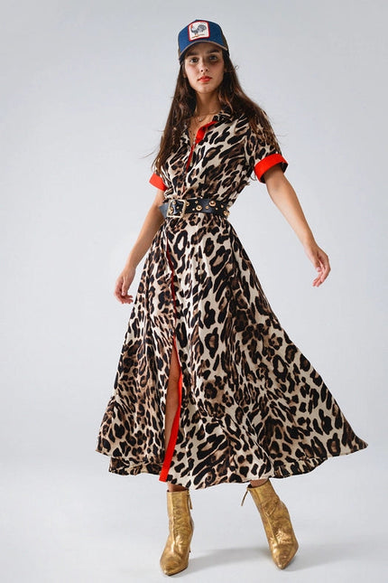 Maxi Leopard Button-Down Dress with Red Details