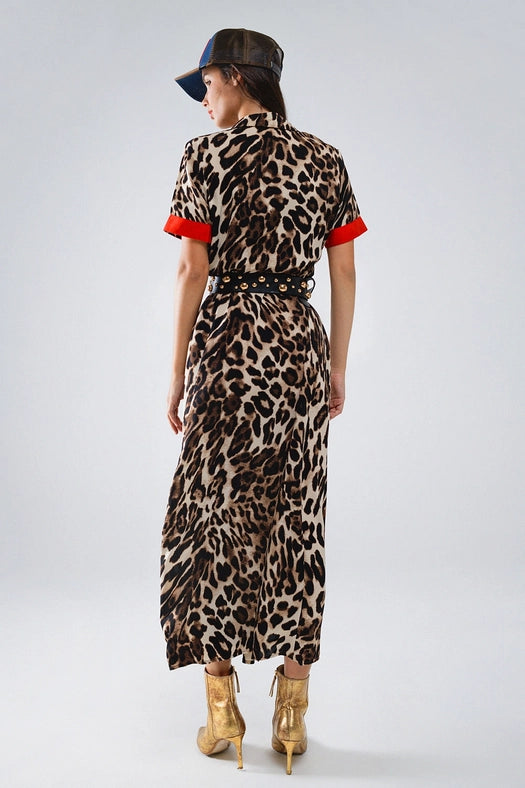 Maxi Leopard Button-Down Dress with Red Details