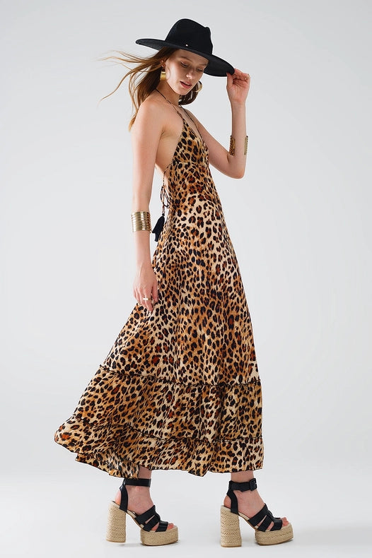 Maxi Leopard Print Boho Dress with Open Back