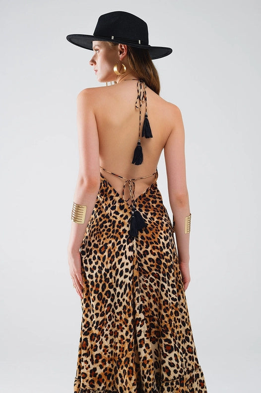 Maxi Leopard Print Boho Dress with Open Back