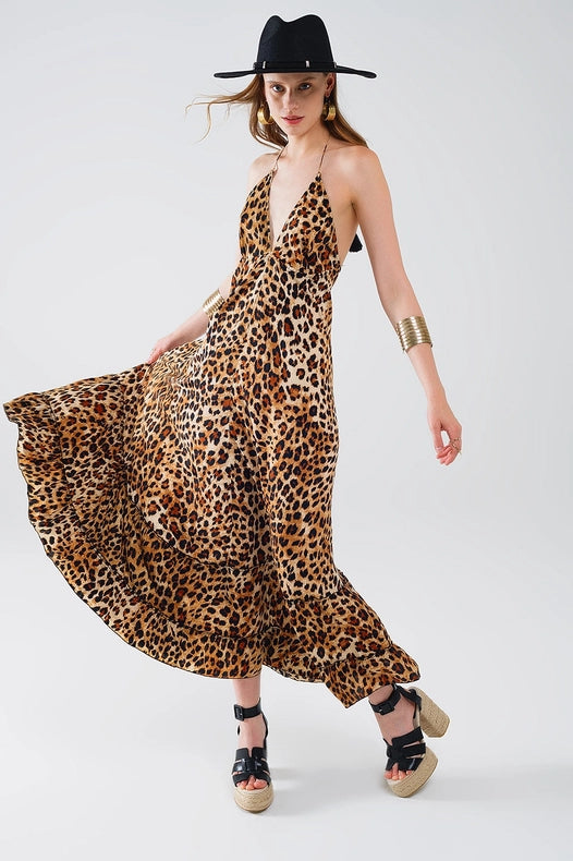 Maxi Leopard Print Boho Dress with Open Back