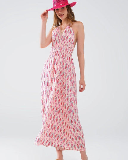 Maxi Summer Dress with Feather Print and Open Back in Pink