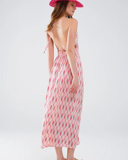 Maxi Summer Dress with Feather Print and Open Back in Pink