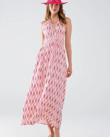 Maxi Summer Dress with Feather Print and Open Back in Pink