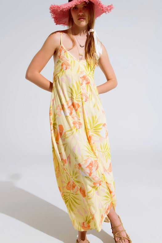 Maxi Yellow Jumpsuit In Tropical Print