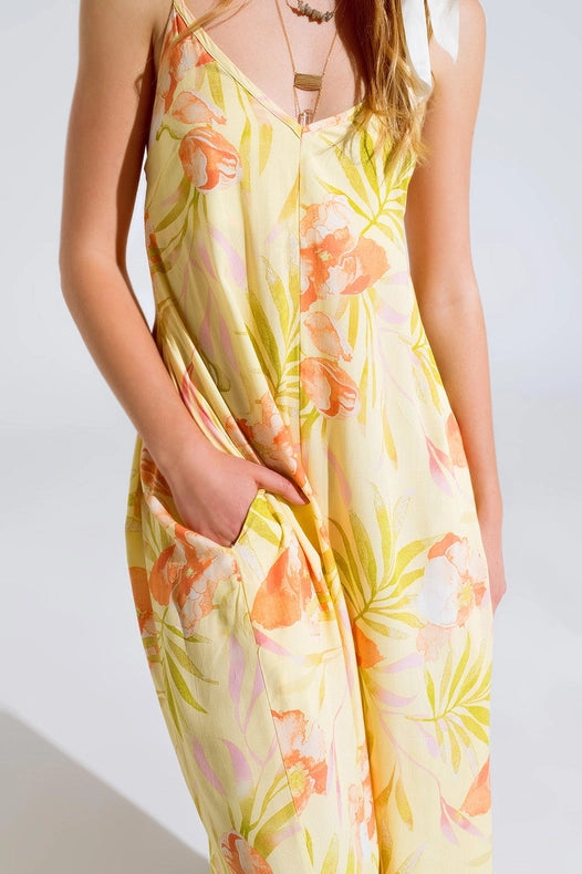 Maxi Yellow Jumpsuit In Tropical Print