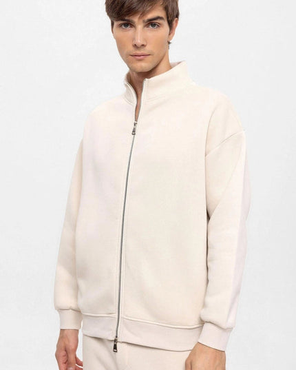 Men's Beige High Collar Double Zipper Closure Sweatshirt