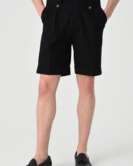 Men's Black Buckle Detailed Pleated Shorts