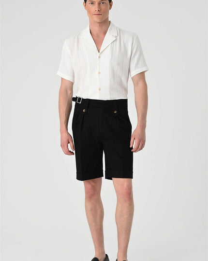 Men's Black Buckle Detailed Pleated Shorts