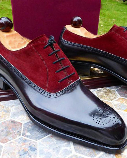 Men's Black & Maroon Suede Leather Oxford Shoes