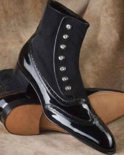 Men's Black Patent Leather Ankle High Button Boots