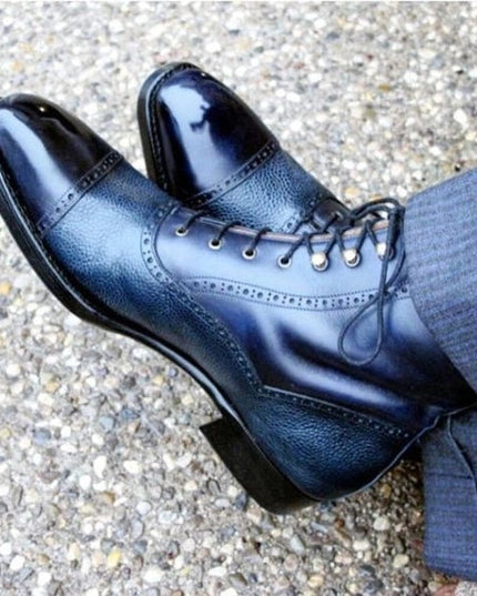 Men's Blue Pebbled Leather Ankle High Boots