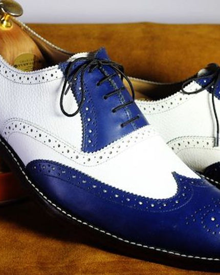 Men's Blue & White Leather Wingtip Brogue Oxford Shoes