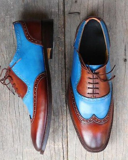 Men's Brown & Blue Leather Wingtip Oxford Shoes