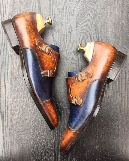 Men's Brown & Blue Patina Leather Double Monk Shoes