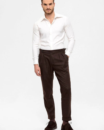 Men's Brown High Waist Double Pleated Trousers