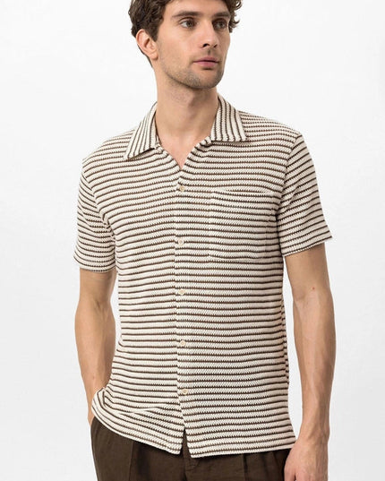 Men's Brown Knit Striped Short Sleeve Shirt