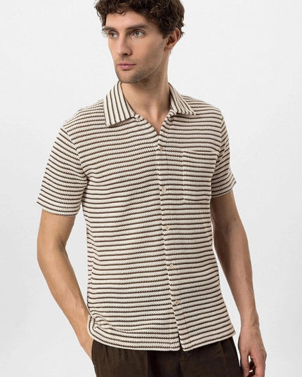 Men's Brown Knit Striped Short Sleeve Shirt