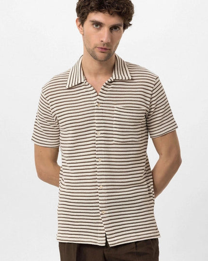 Men's Brown Knit Striped Short Sleeve Shirt