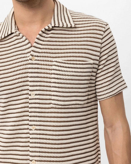 Men's Brown Knit Striped Short Sleeve Shirt