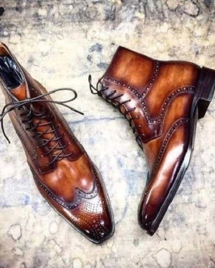 Men's Brown Patina Leather Ankle High Wingtip Boots