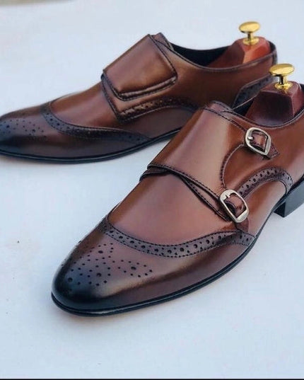 Men's Brown Patina Leather Double Monk Shoes