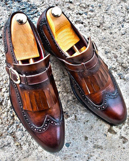 Men's Brown Patina Leather Fringed Wingtip Shoes