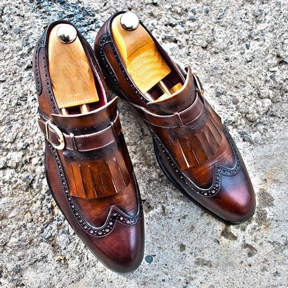 Men's Brown Patina Leather Fringed Wingtip Shoes