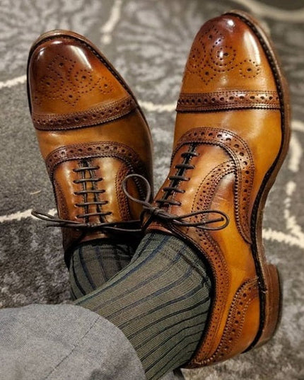 Men's Brown Royal Patina Leather Oxford Brogue Dress Shoes