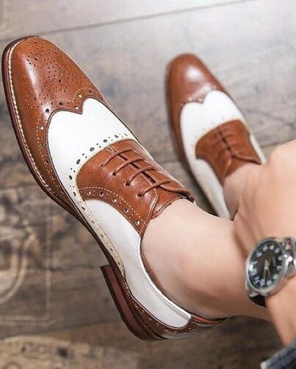 Men's Brown & White Leather Wingtip Spectator Shoes