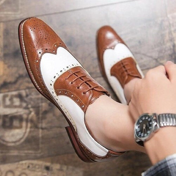 Men's Brown & White Leather Wingtip Spectator Shoes