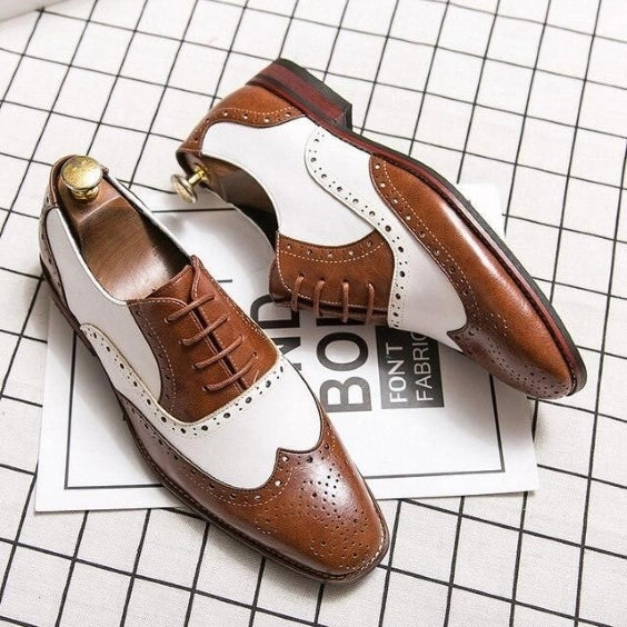 Men's Brown & White Leather Wingtip Spectator Shoes