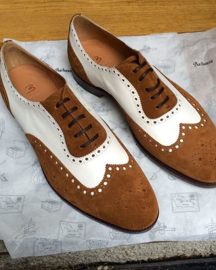 Men's Brown & White Suede Leather Wingtip Shoes