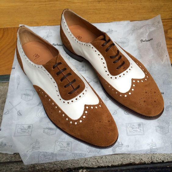 Men's Brown & White Suede Leather Wingtip Shoes