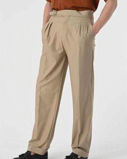 Men's Dark Beige High Waist Buckle Detail Pleated Trousers