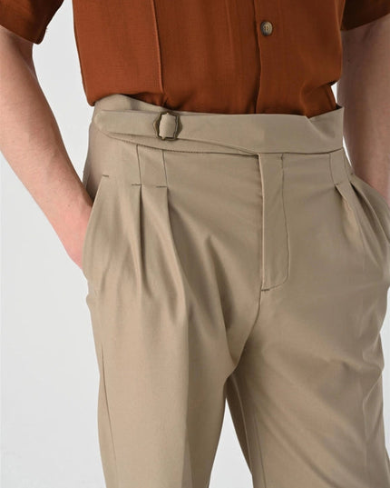 Men's Dark Beige High Waist Buckle Detail Pleated Trousers