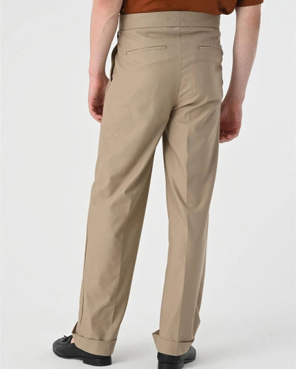 Men's Dark Beige High Waist Buckle Detail Pleated Trousers