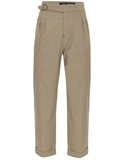 Men's Dark Beige High Waist Buckle Detail Pleated Trousers